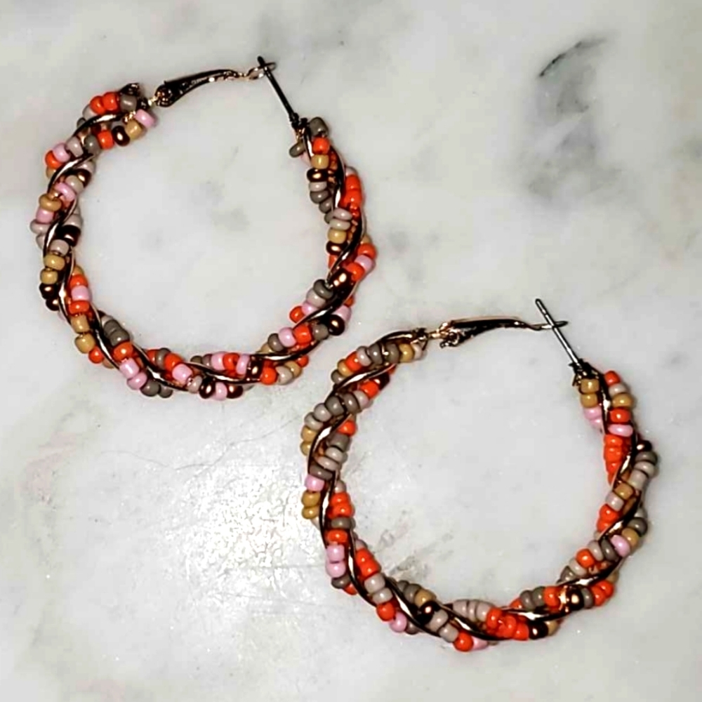 Colorful Boho Beaded Silver Wire Wrapped Hoop Pierced Earrings Pink Orange Brown